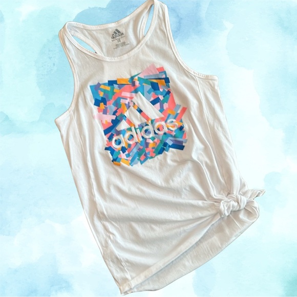 NWOT Adidas Girl Tank Top with Fluorescent Confetti Neon & Side Tie / Size 14 - Picture 2 of 10
